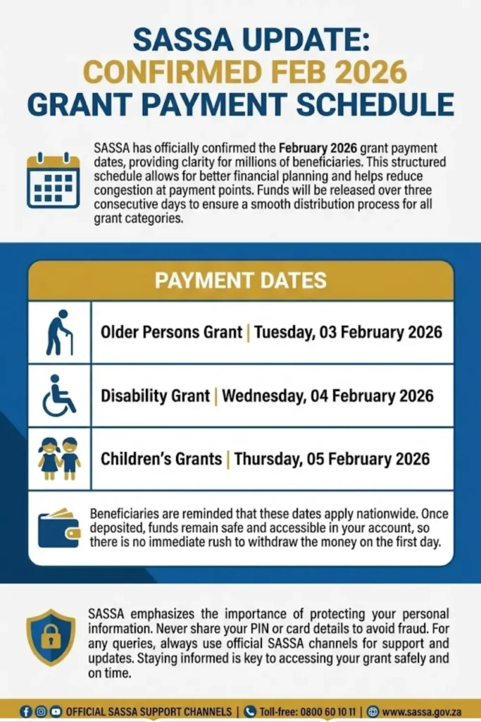 SASSA February 2026 Payment Dates Announced Full Payment Schedule for Old Age, Disability, and Children’s Grants